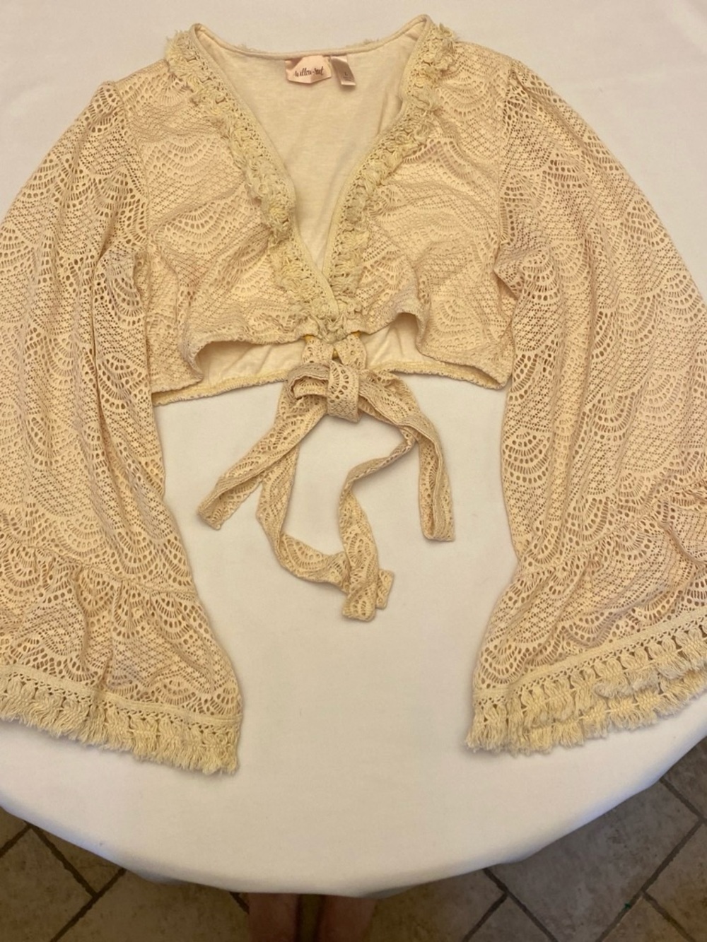 Free People Crochet Fringed Tie-Front Boho Top Cream sz Large Bell sleeves crop